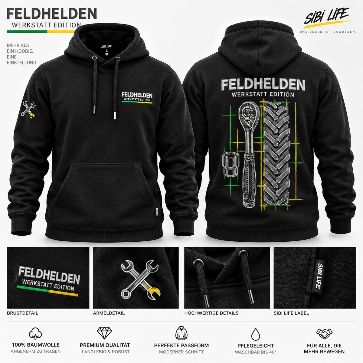 FELDHELDEN Werkstatt Edition Hoodie in Schwarz – Vorder- und Rückansicht