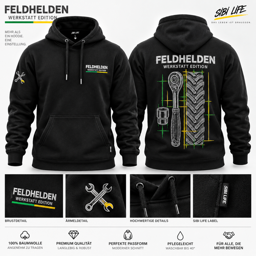FELDHELDEN Werkstatt Edition Hoodie in Schwarz – Vorder- und Rückansicht